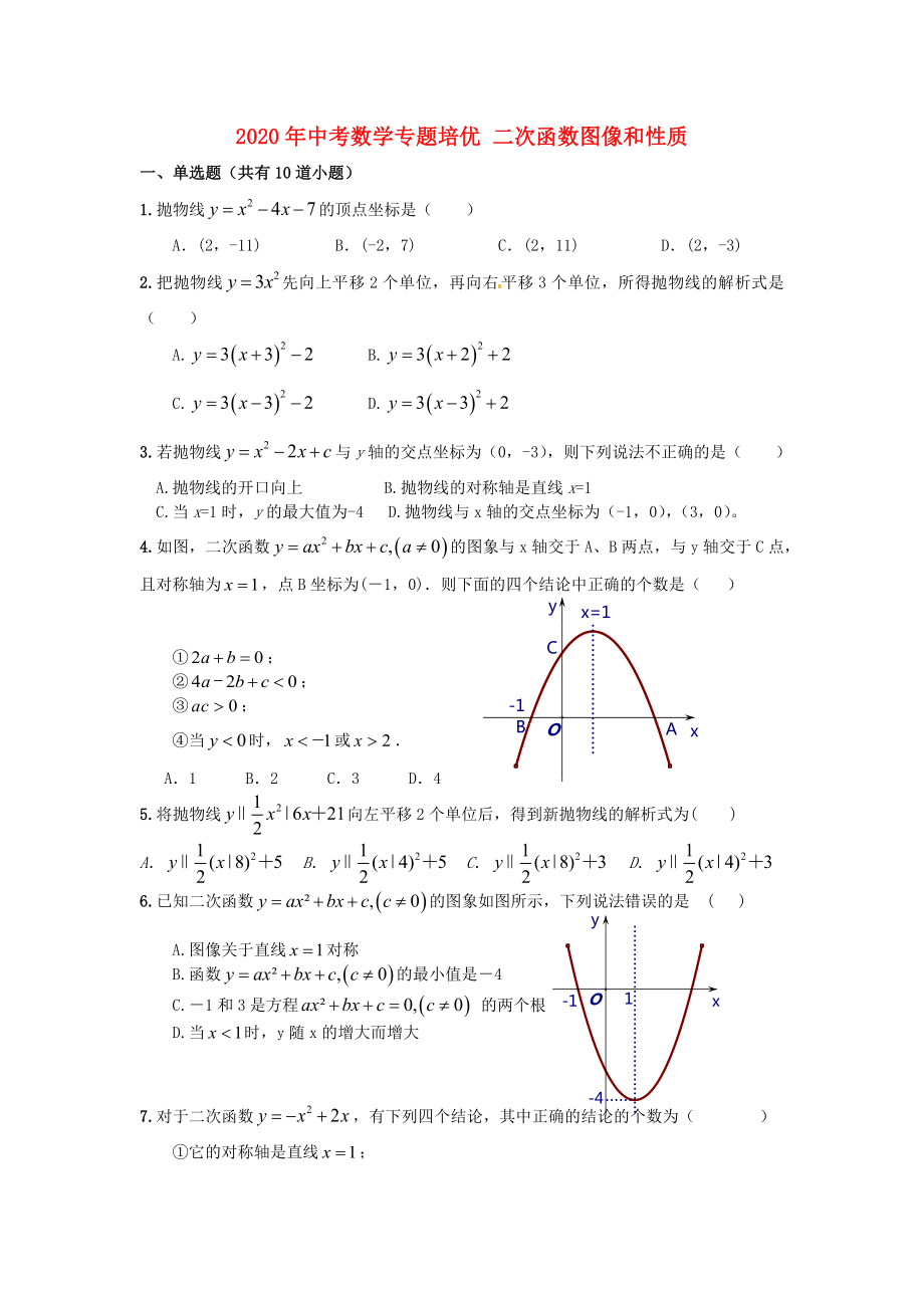 2020年中考數(shù)學專題培優(yōu) 二次函數(shù)圖像和性質(zhì)_第1頁