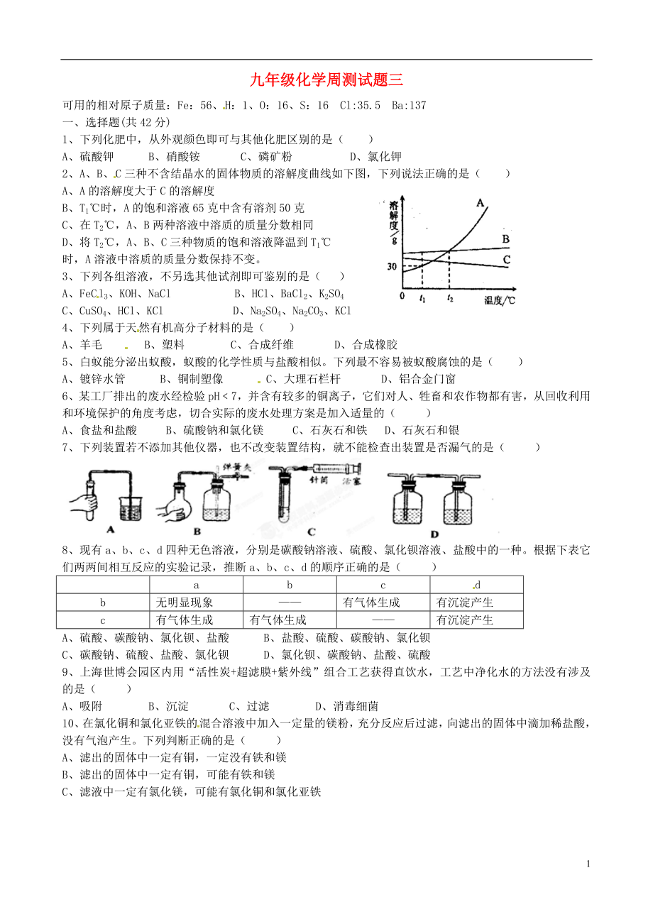 廣西壯族自治區(qū)貴港市貴城四中九年級化學(xué)周測試題三無答案新人教版_第1頁