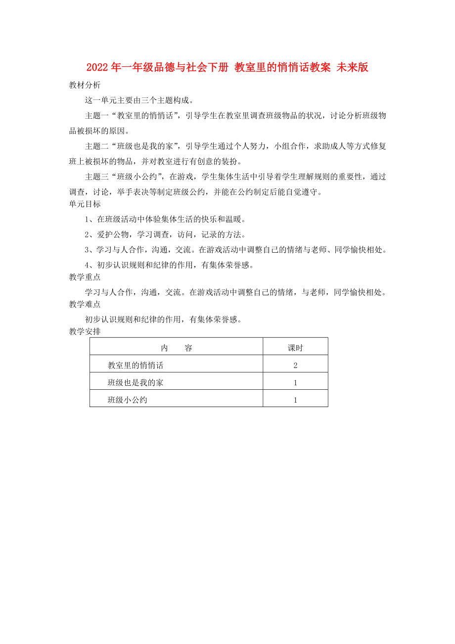 2022年一年級品德與社會(huì)下冊 教室里的悄悄話教案 未來版_第1頁