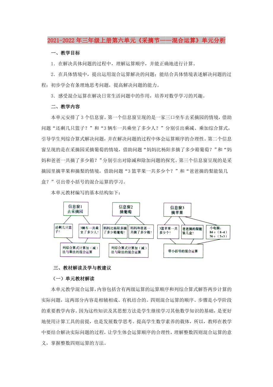 2021-2022年三年級(jí)上冊(cè)第六單元《采摘節(jié)——混合運(yùn)算》單元分析_第1頁(yè)