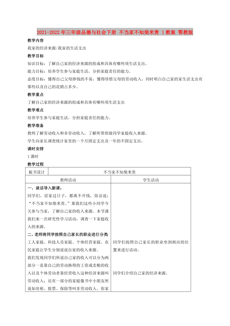 2021-2022年三年级品德与社会下册 不当家不知柴米贵 1教案 鄂教版_第1页