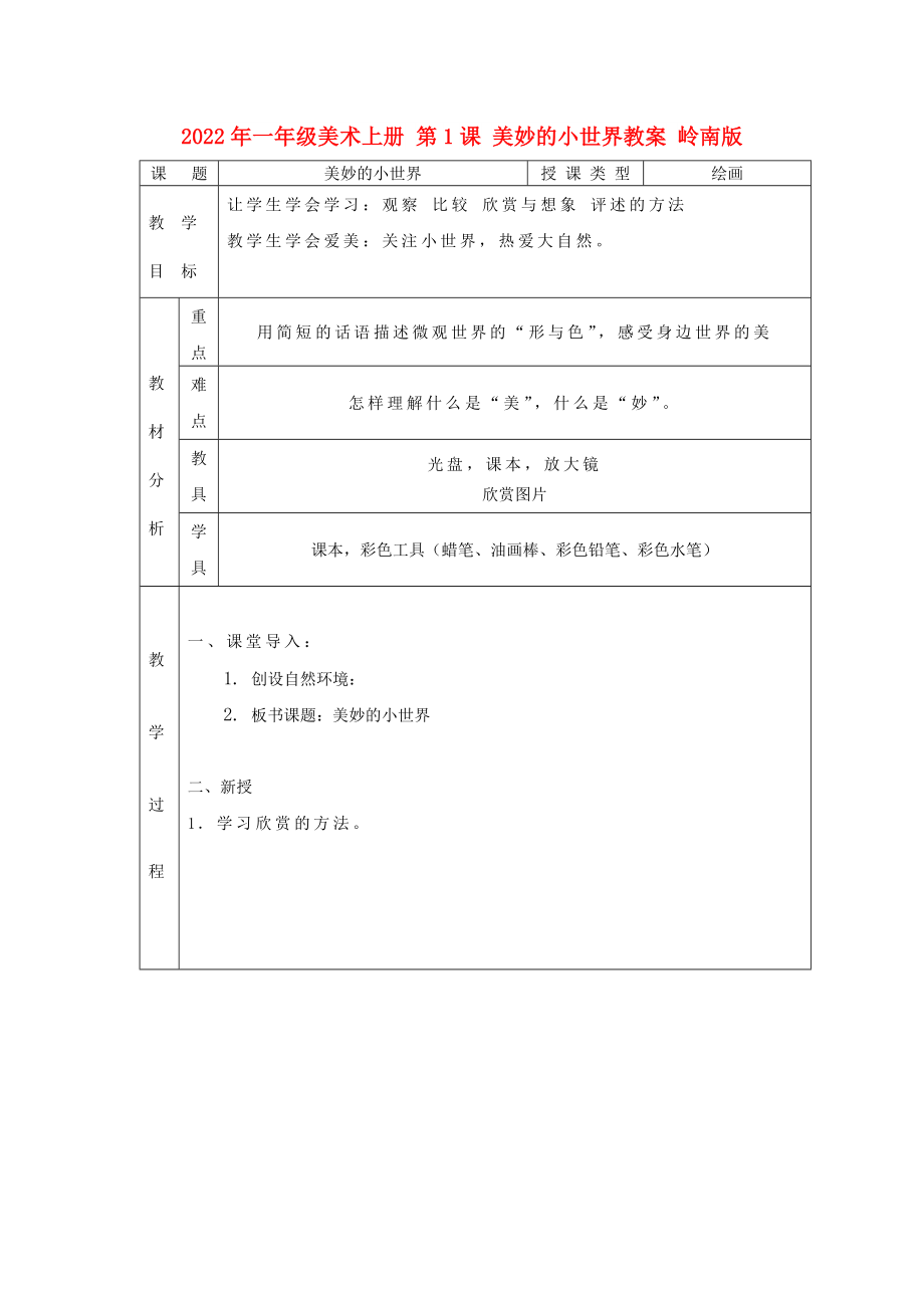 2022年一年級美術(shù)上冊 第1課 美妙的小世界教案 嶺南版_第1頁