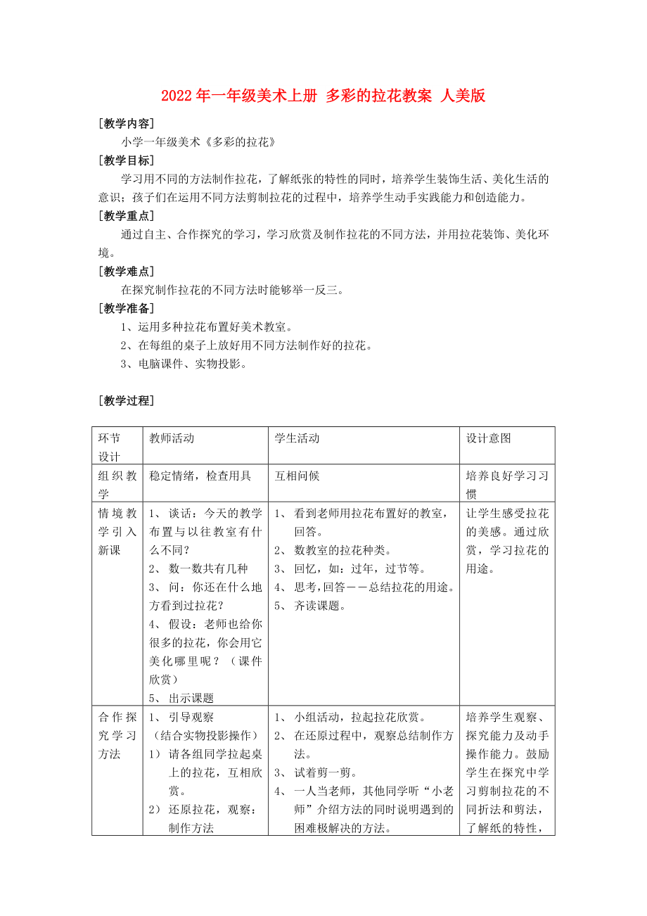 2022年一年級(jí)美術(shù)上冊(cè) 多彩的拉花教案 人美版_第1頁(yè)