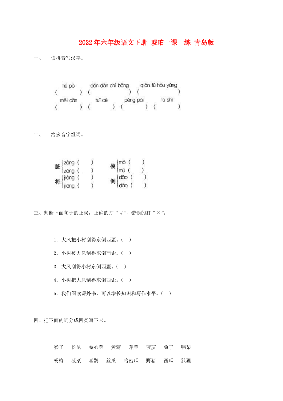 2022年六年級語文下冊 琥珀一課一練 青島版_第1頁