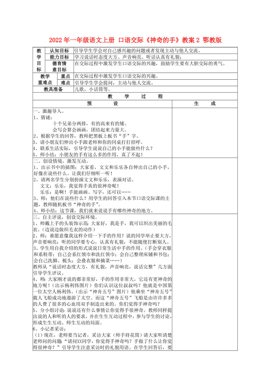 2022年一年級(jí)語(yǔ)文上冊(cè) 口語(yǔ)交際《神奇的手》教案2 鄂教版_第1頁(yè)