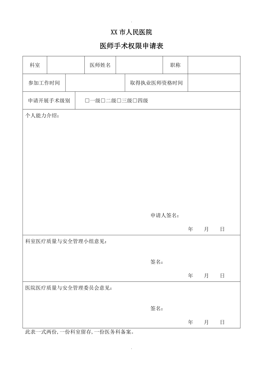 医师手术权限申请报告表+手术医师资质考核表+定期能力评价和再授权表_第1页