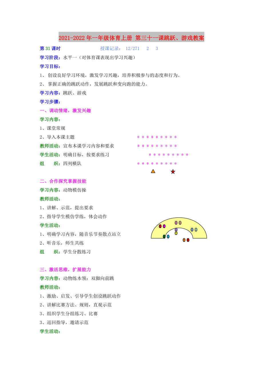 2021-2022年一年級(jí)體育上冊(cè) 第三十一課跳躍、游戲教案_第1頁(yè)