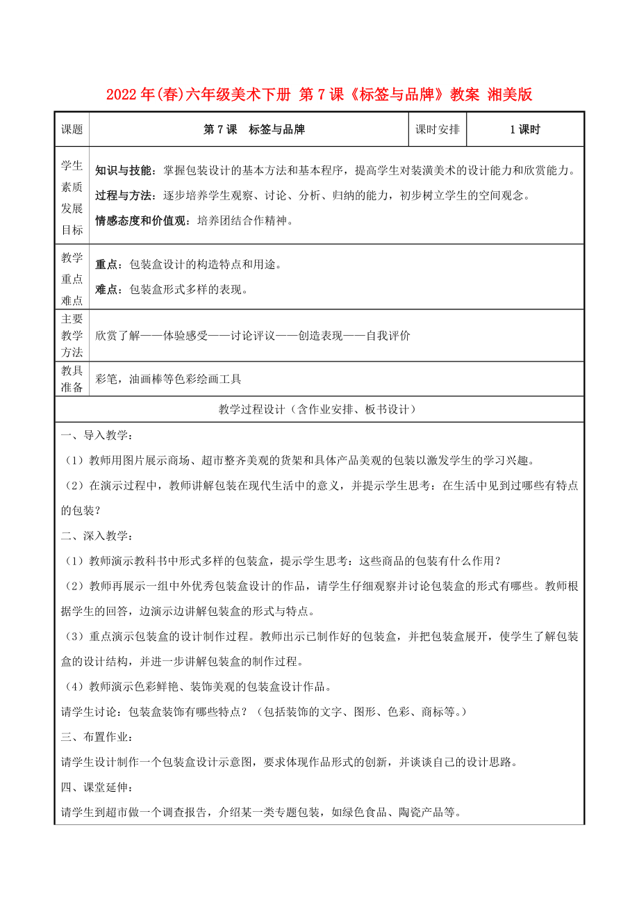 2022年(春)六年級(jí)美術(shù)下冊(cè) 第7課《標(biāo)簽與品牌》教案 湘美版_第1頁(yè)