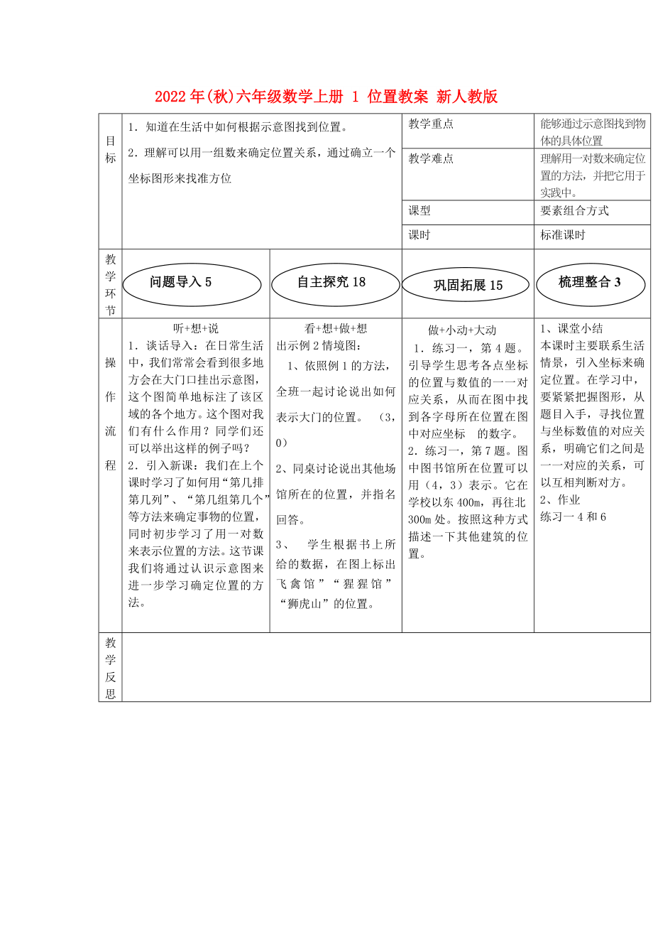 2022年(秋)六年級(jí)數(shù)學(xué)上冊(cè) 1 位置教案 新人教版_第1頁(yè)