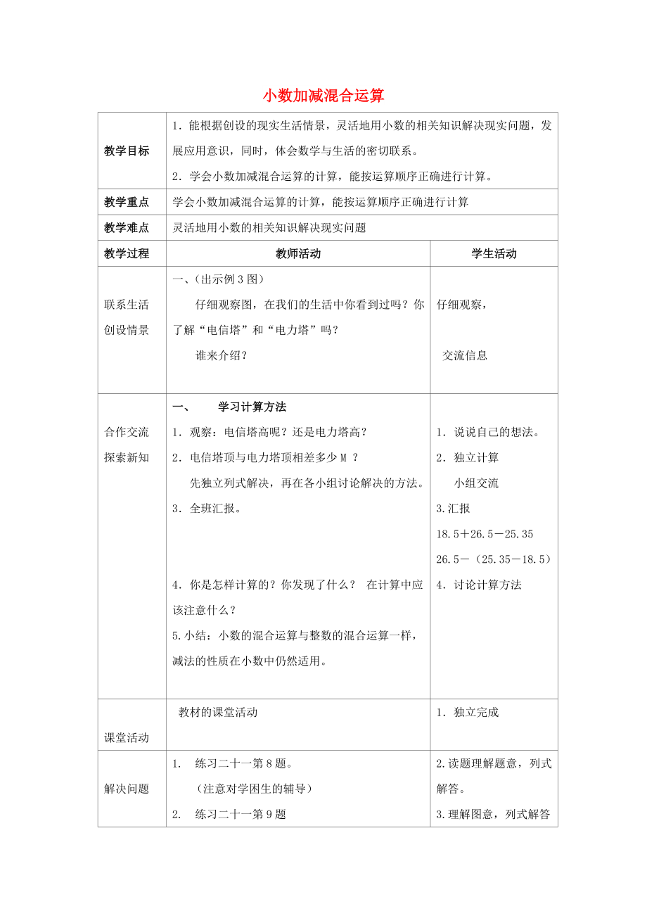 2022春四年級(jí)數(shù)學(xué)下冊(cè) 5《小數(shù)加減混合運(yùn)算》教案2 （新版）西師大版_第1頁(yè)