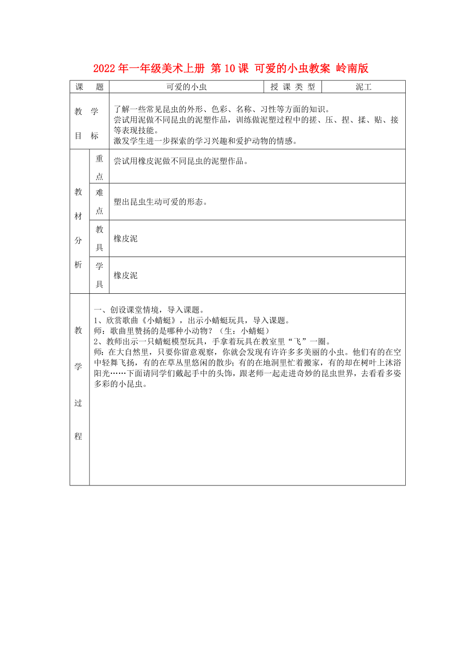 2022年一年級美術(shù)上冊 第10課 可愛的小蟲教案 嶺南版_第1頁