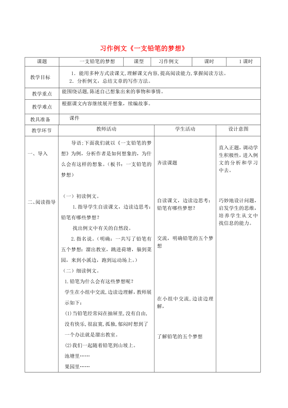 2022三年级语文下册 第五单元 习作例文 一支铅笔的梦想教学设计 新人教版_第1页