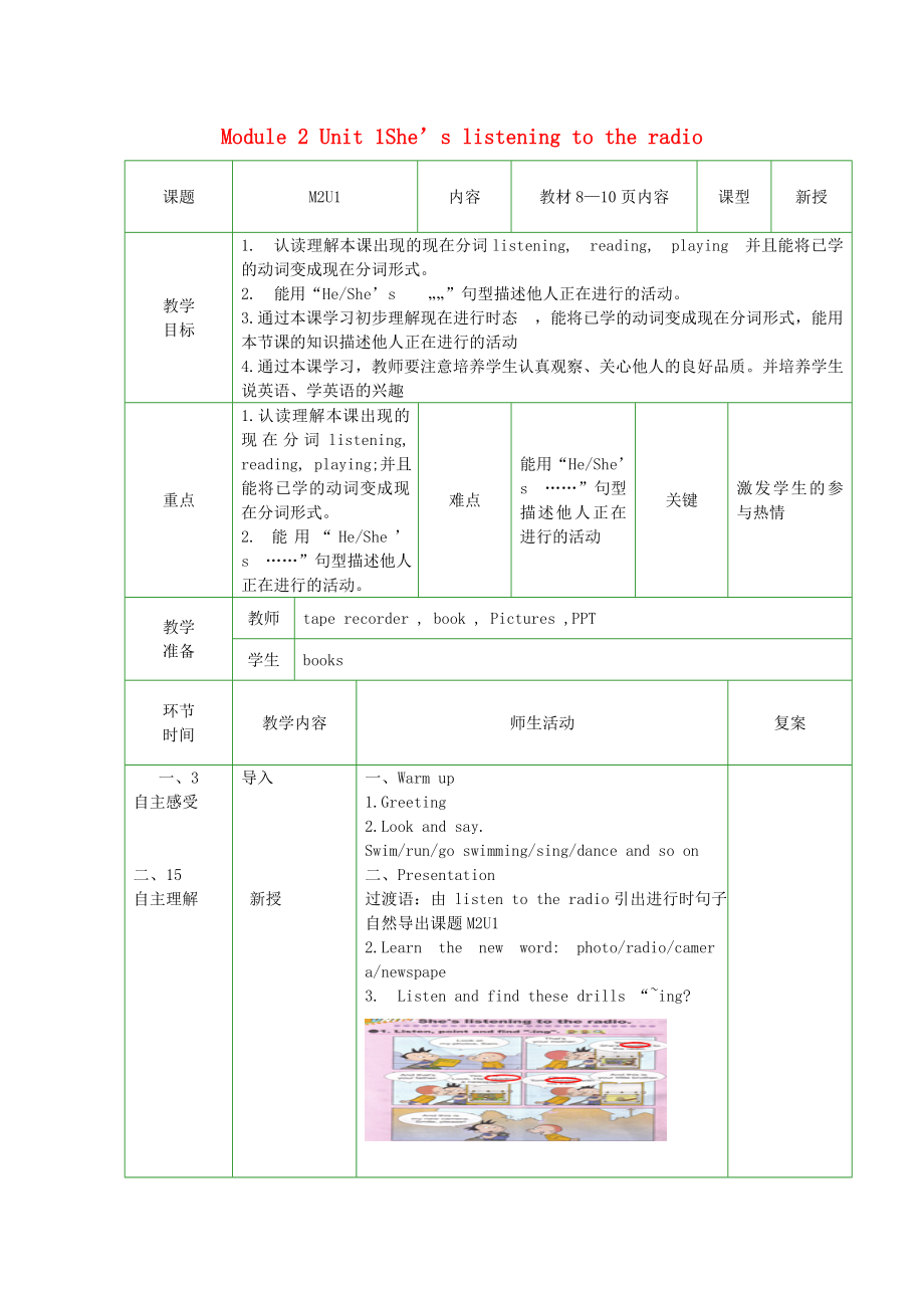 二年級英語下冊 Module 2 Unit 1She’s listening to the radio教案2 外研版_第1頁