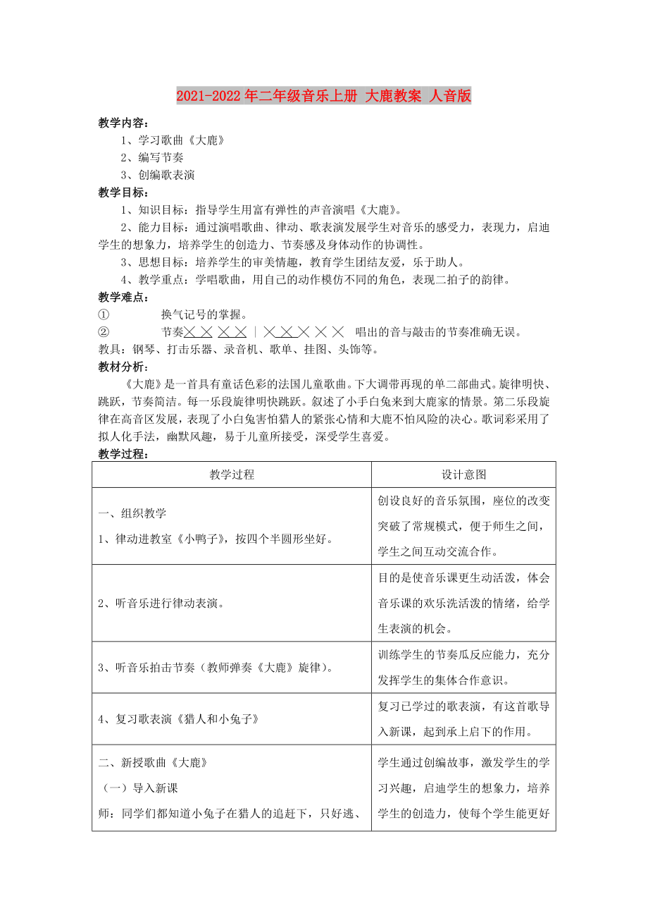 2021-2022年二年級(jí)音樂(lè)上冊(cè) 大鹿教案 人音版_第1頁(yè)