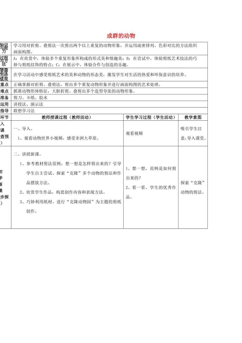 2022春四年級美術(shù)下冊 第5單元 有趣的地球村 第14課《成群的動物》教案 嶺南版_第1頁