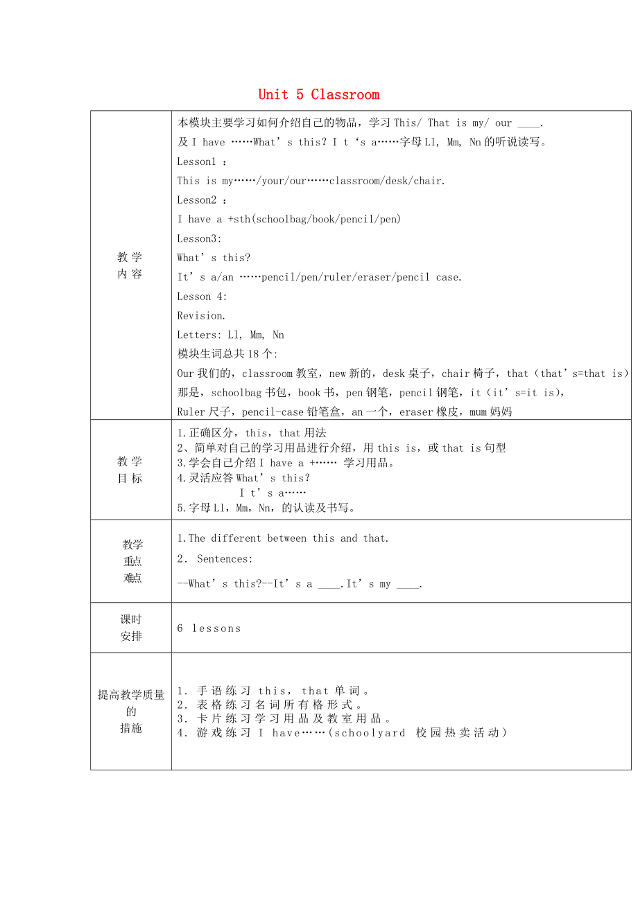 三年級(jí)英語上冊(cè) Unit 5 Classroom教案 魯科版_第1頁