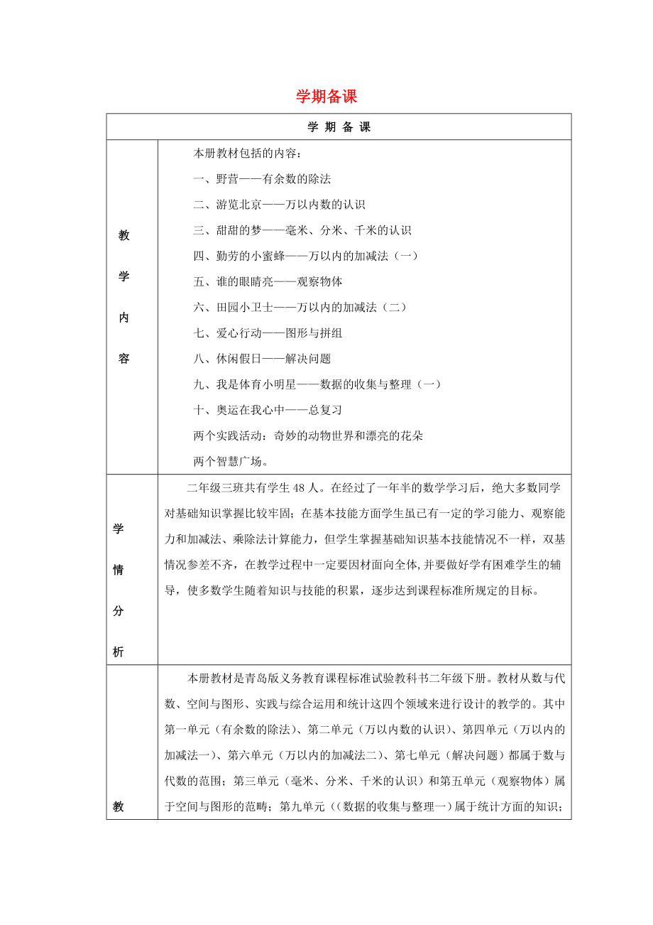 2022春二年級數(shù)學(xué)下冊 學(xué)期備課教案 青島版六三制_第1頁