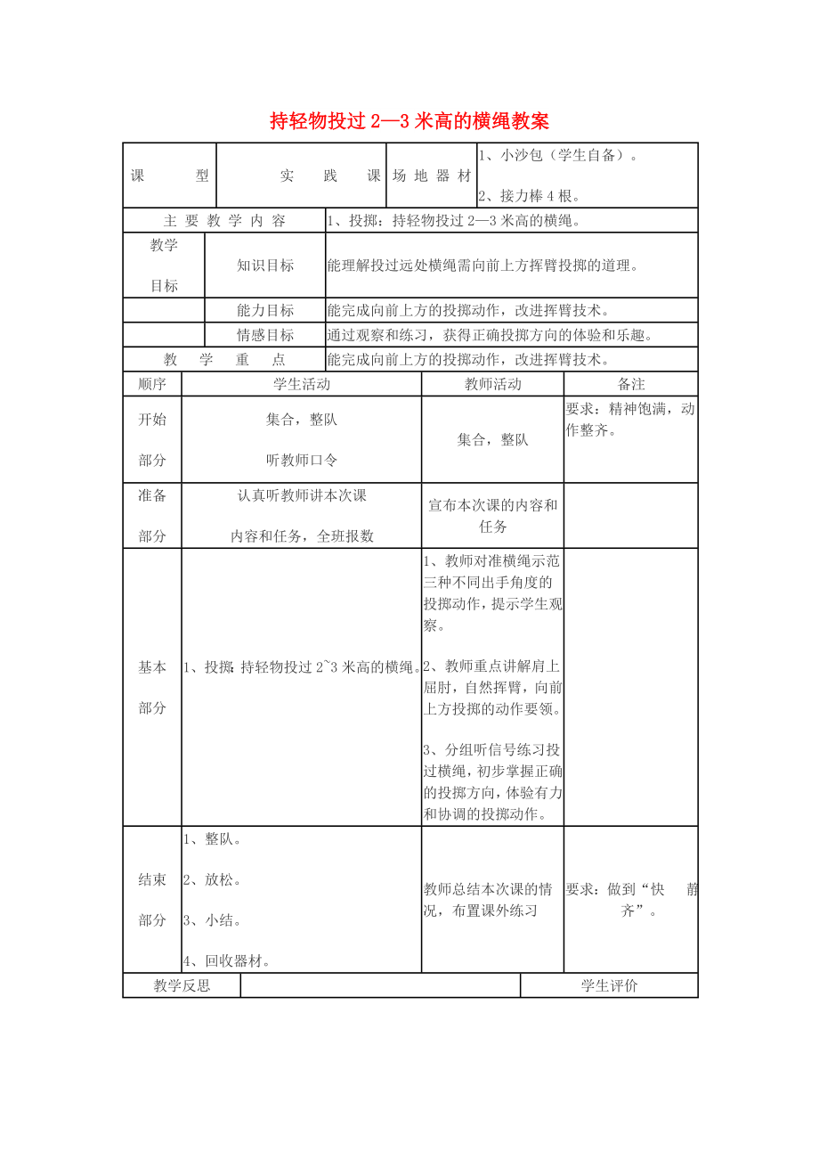 四年級(jí)體育下冊(cè) 持輕物投過2—3米高的橫繩教案_第1頁