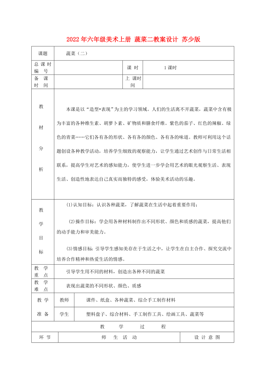 2022年六年級(jí)美術(shù)上冊(cè) 蔬菜二教案設(shè)計(jì) 蘇少版_第1頁