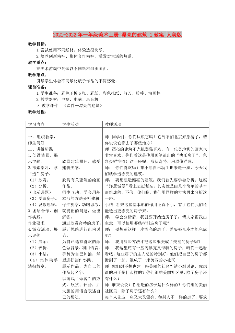 2021-2022年一年級美術(shù)上冊 漂亮的建筑 1教案 人美版_第1頁