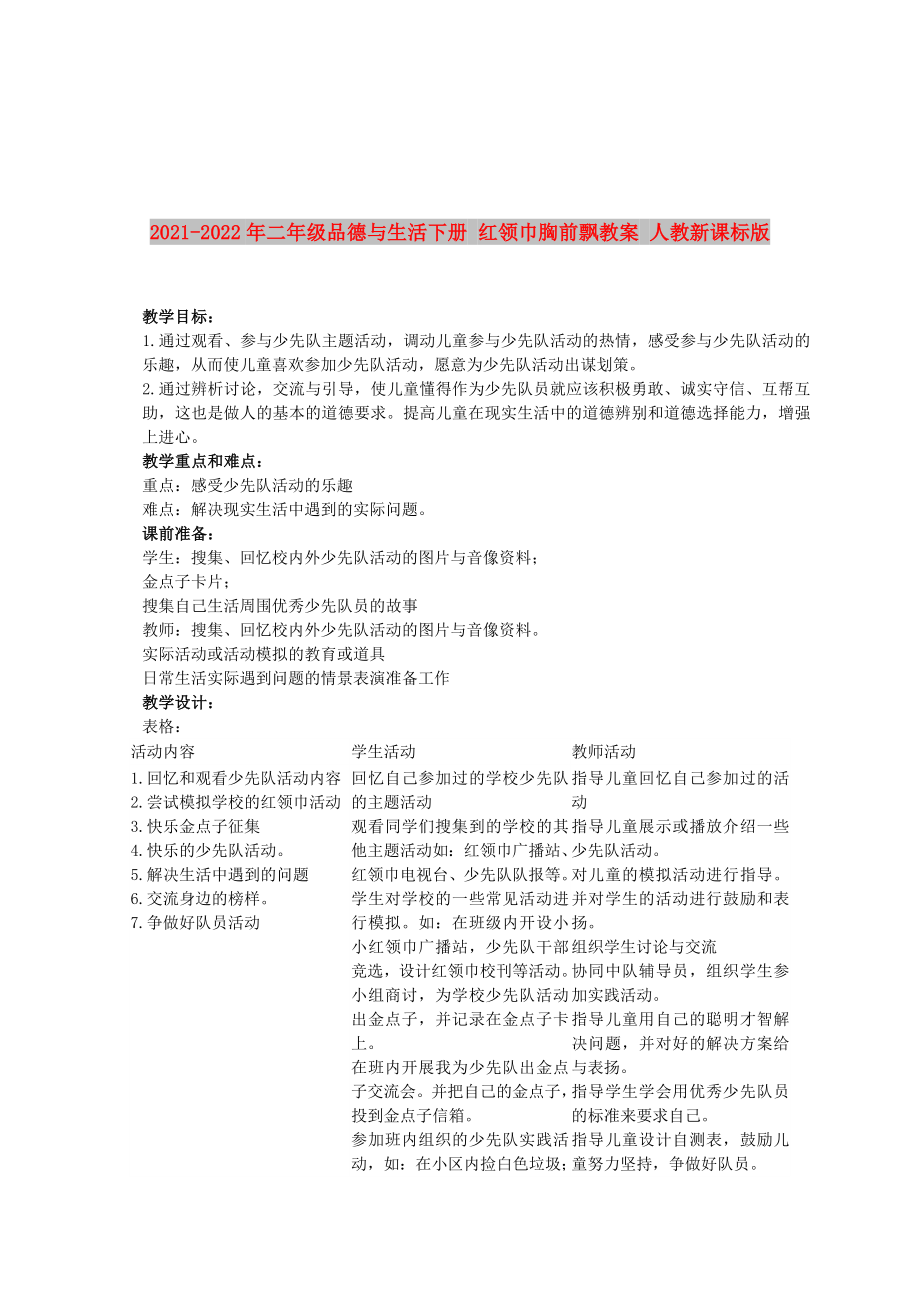 2021-2022年二年級品德與生活下冊 紅領(lǐng)巾胸前飄教案 人教新課標(biāo)版_第1頁