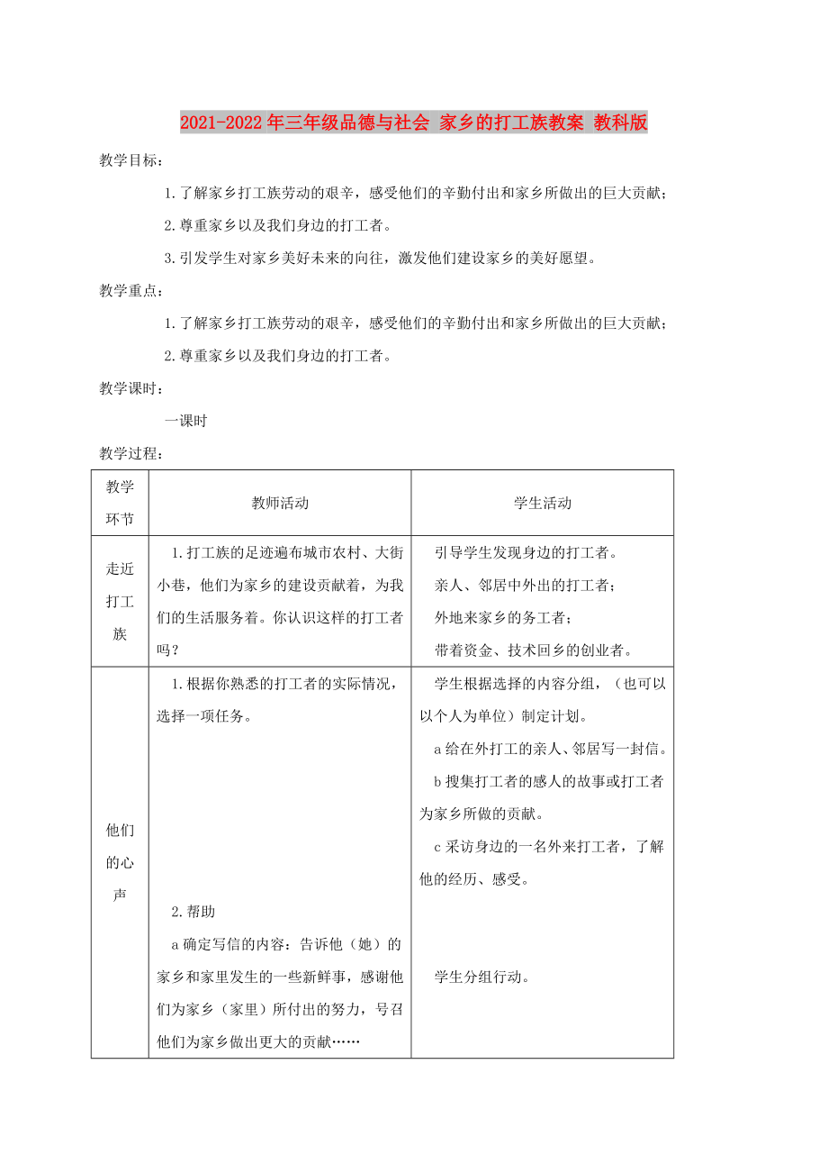 2021-2022年三年级品德与社会 家乡的打工族教案 教科版_第1页