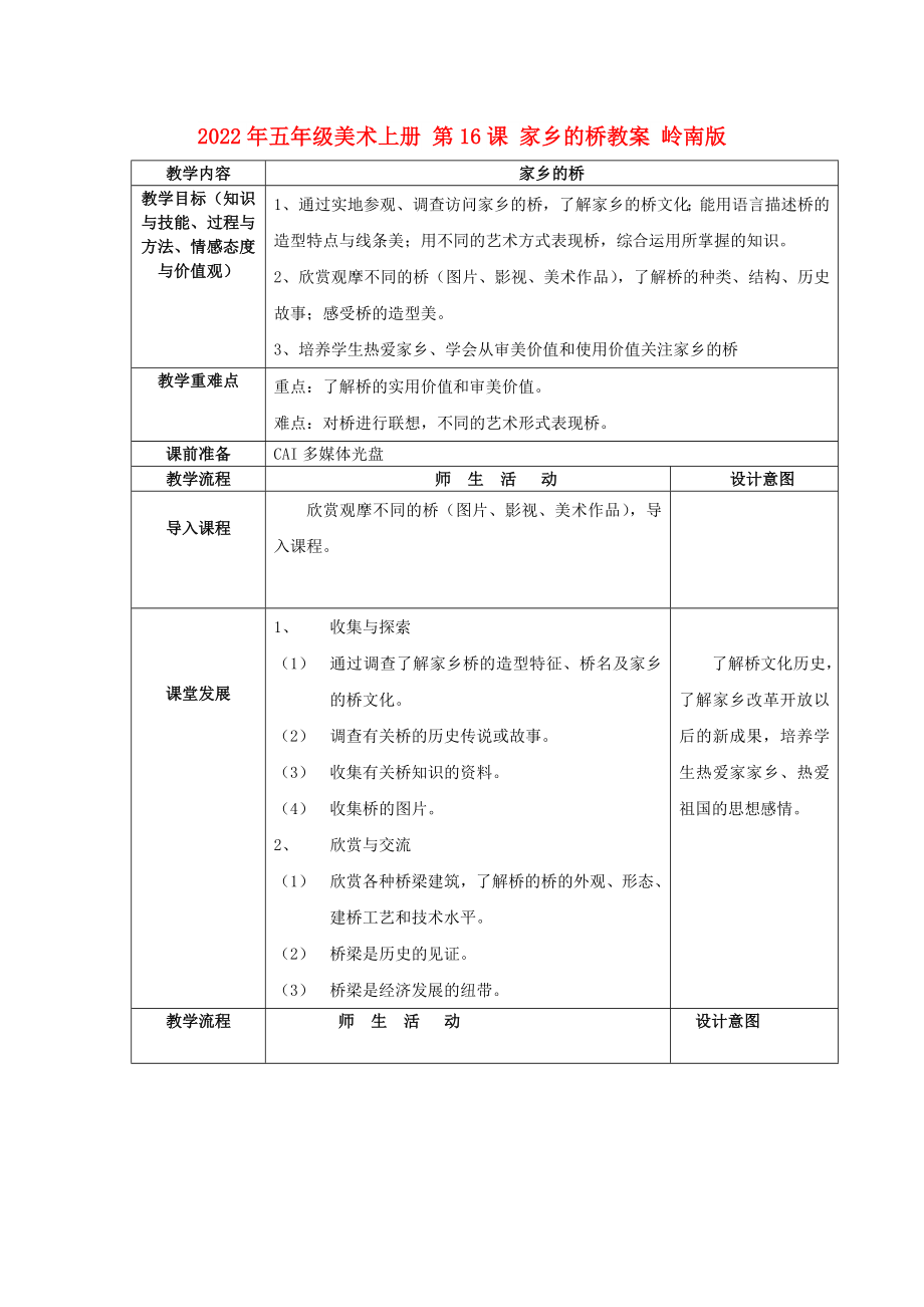 2022年五年級(jí)美術(shù)上冊(cè) 第16課 家鄉(xiāng)的橋教案 嶺南版_第1頁(yè)