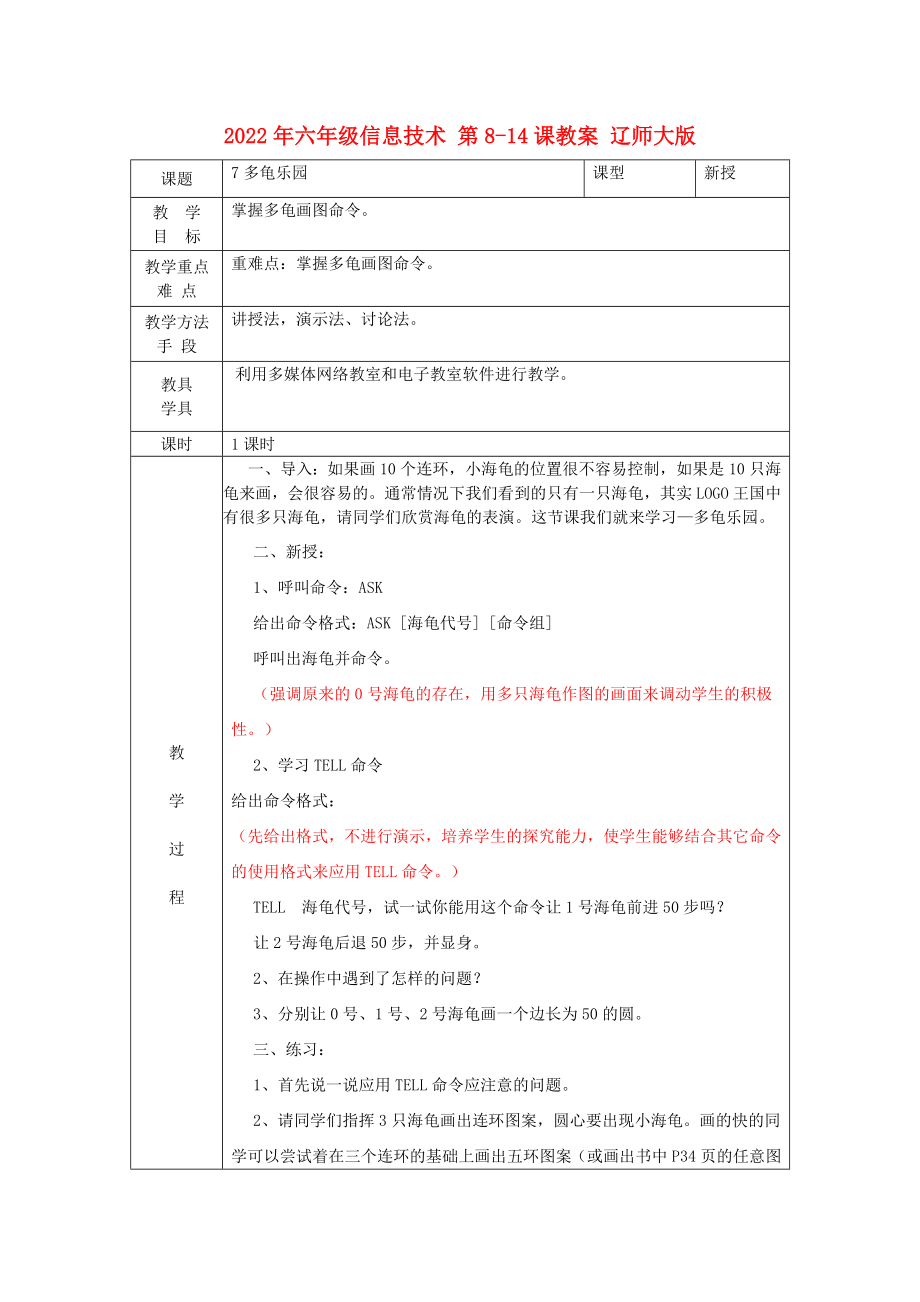 2022年六年級(jí)信息技術(shù) 第8-14課教案 遼師大版_第1頁(yè)