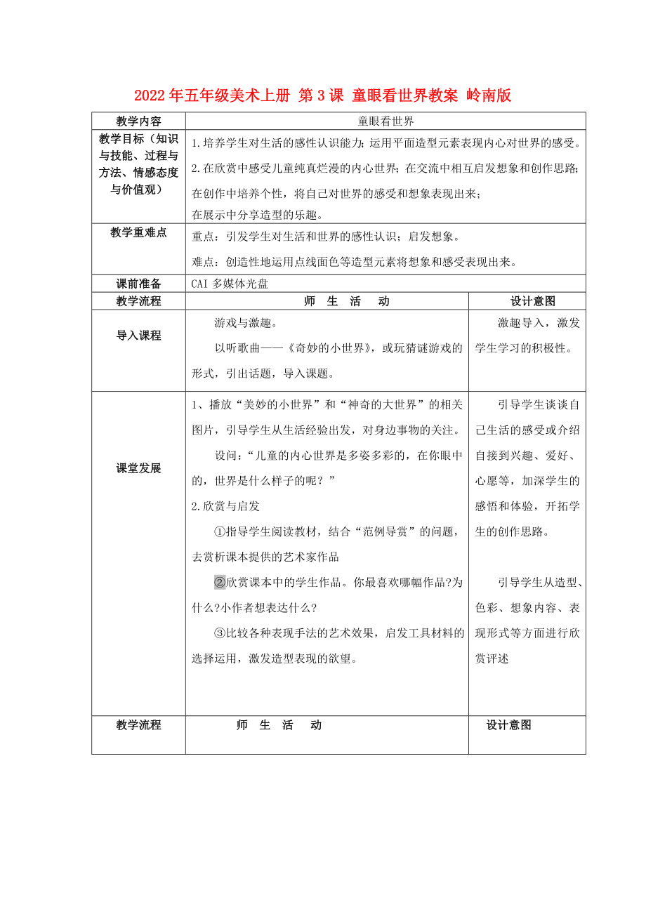 2022年五年級(jí)美術(shù)上冊(cè) 第3課 童眼看世界教案 嶺南版_第1頁