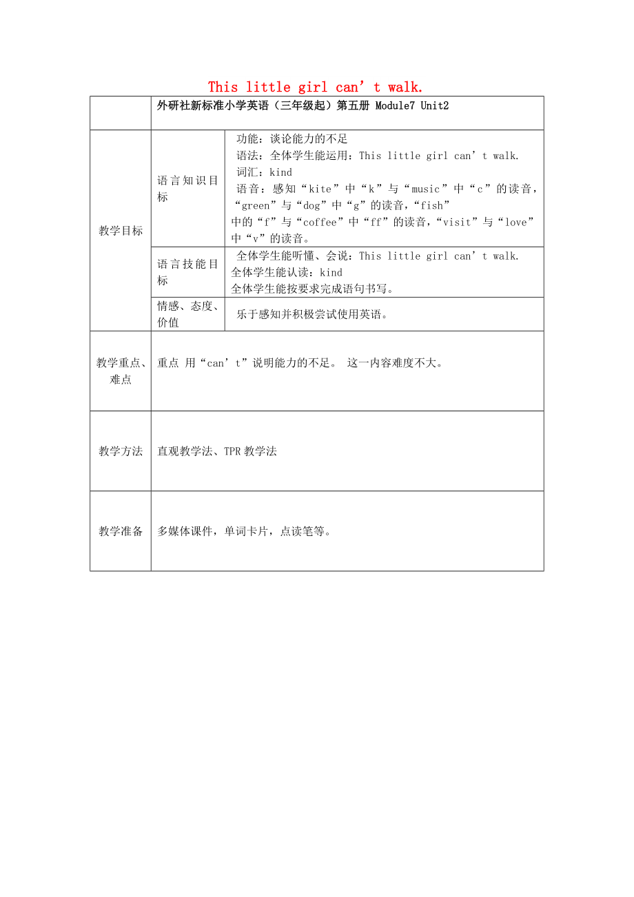 五年级英语上册 Module 7 Unit 2 This little girl can’t walk教案 外研版_第1页