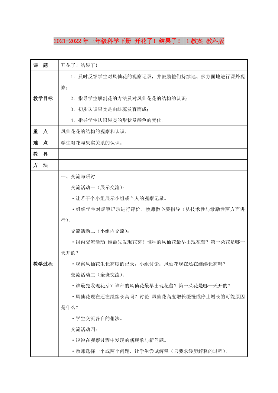 2021-2022年三年級科學(xué)下冊 開花了！結(jié)果了！ 1教案 教科版_第1頁