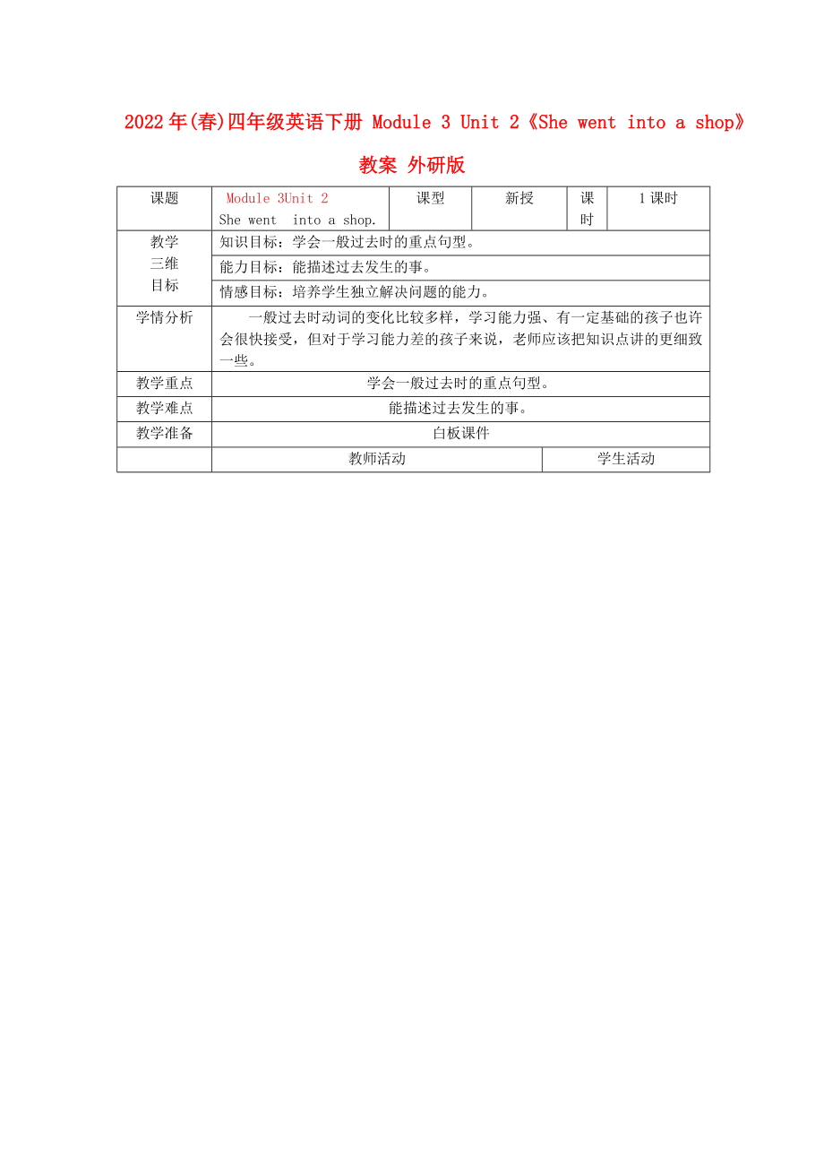 2022年(春)四年級(jí)英語(yǔ)下冊(cè) Module 3 Unit 2《She went into a shop》教案 外研版_第1頁(yè)