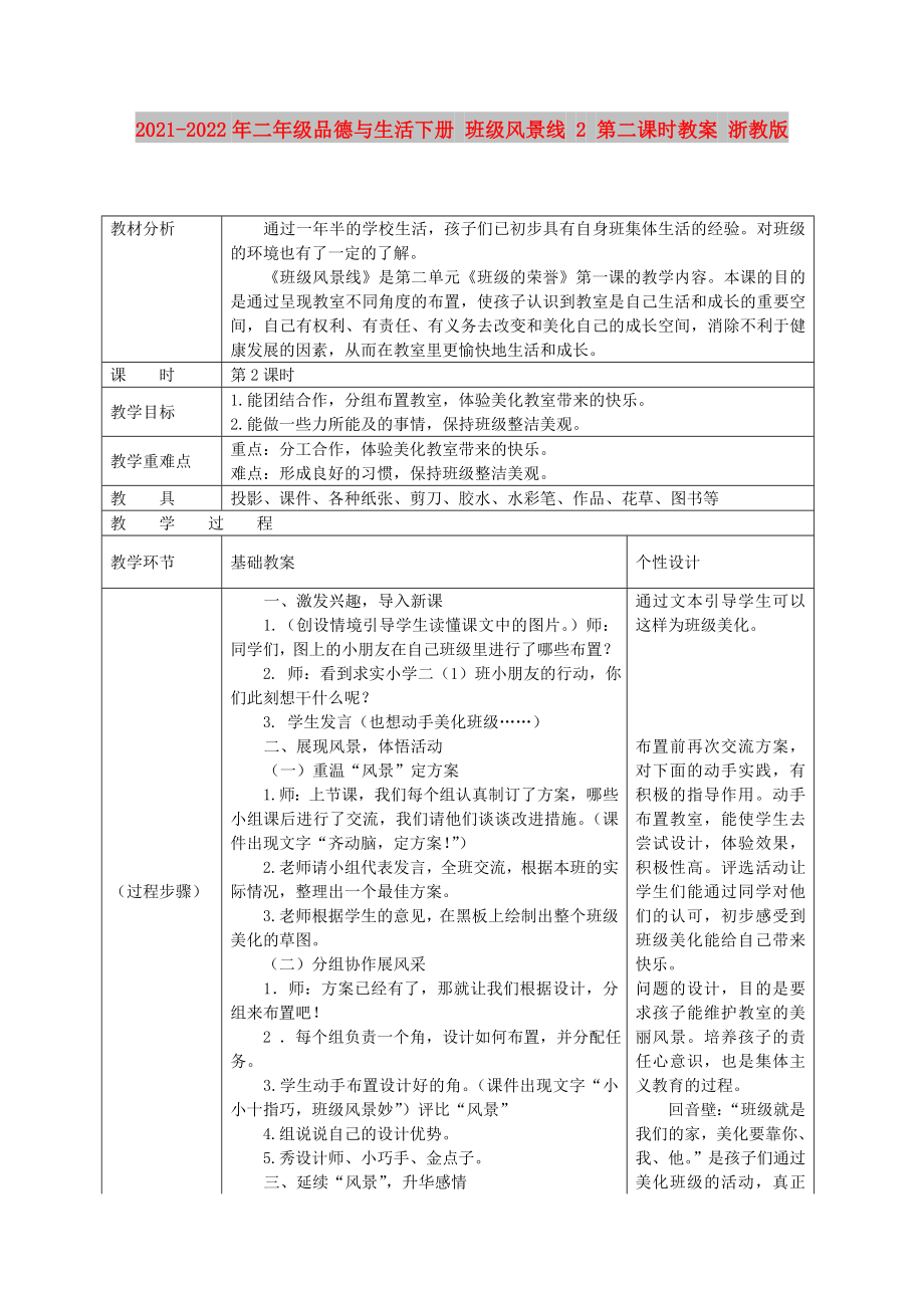 2021-2022年二年級品德與生活下冊 班級風景線 2 第二課時教案 浙教版_第1頁