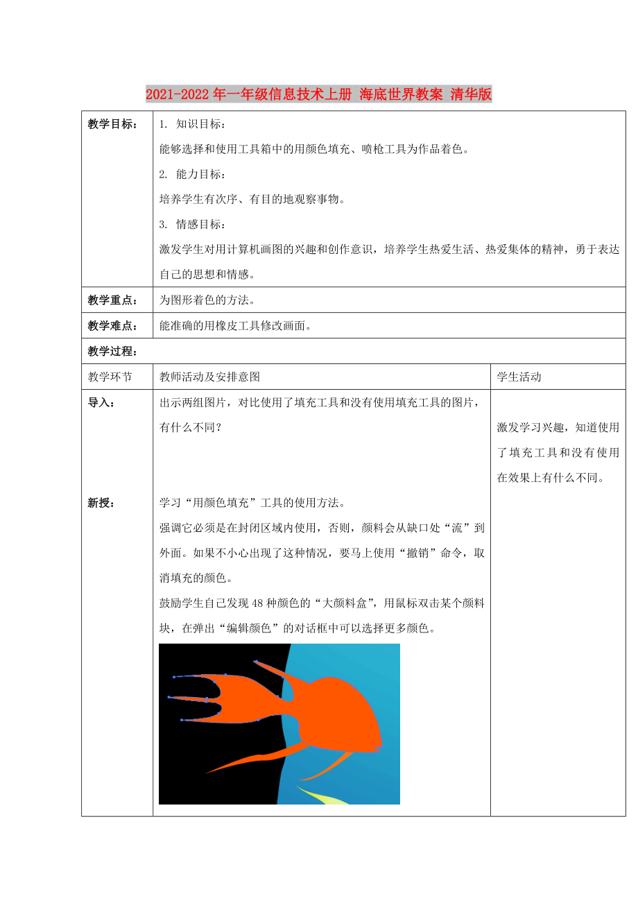 2021-2022年一年級(jí)信息技術(shù)上冊(cè) 海底世界教案 清華版_第1頁