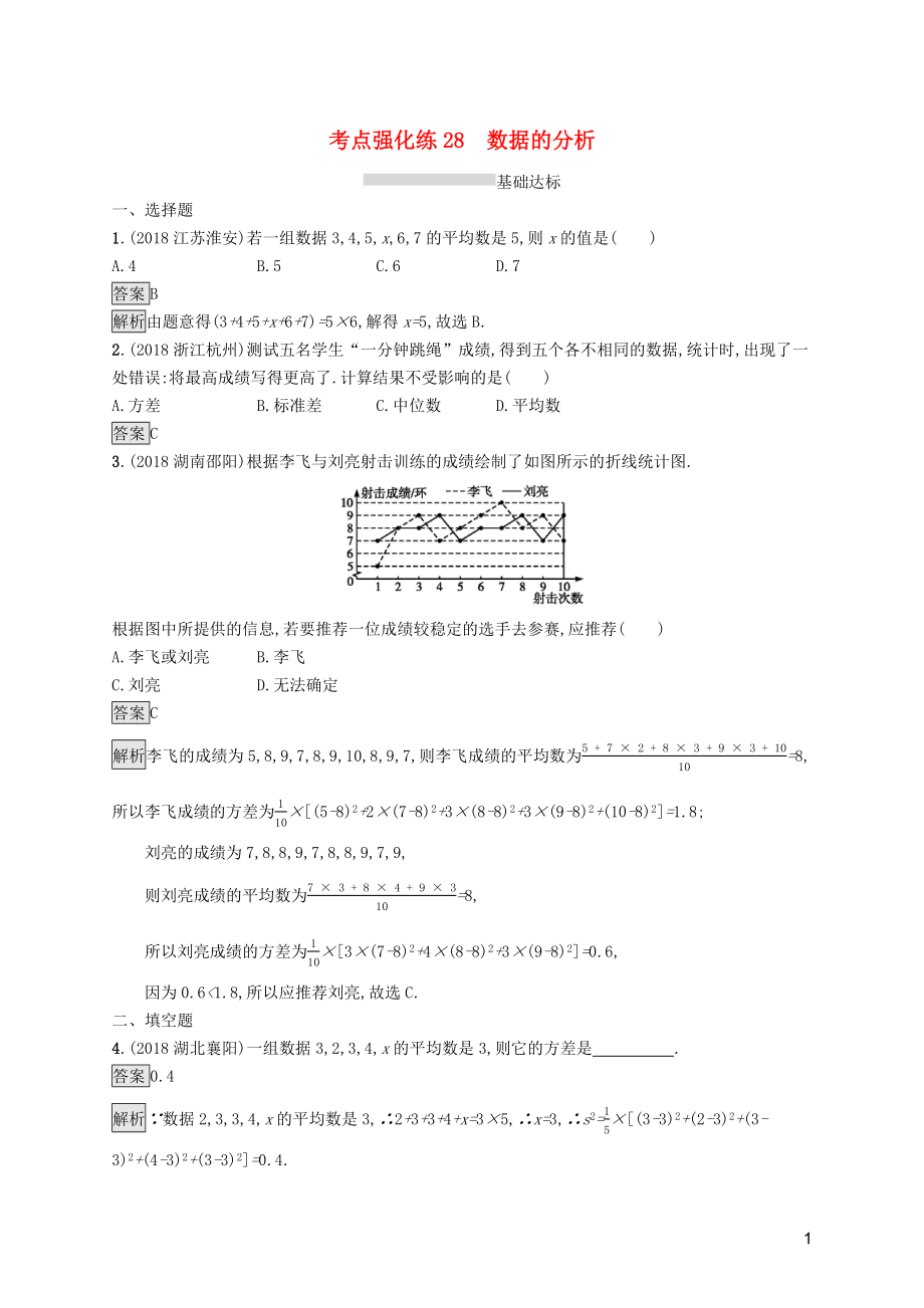 （課標通用）甘肅省2019年中考數(shù)學總復習優(yōu)化設計 考點強化練28 數(shù)據(jù)的分析_第1頁