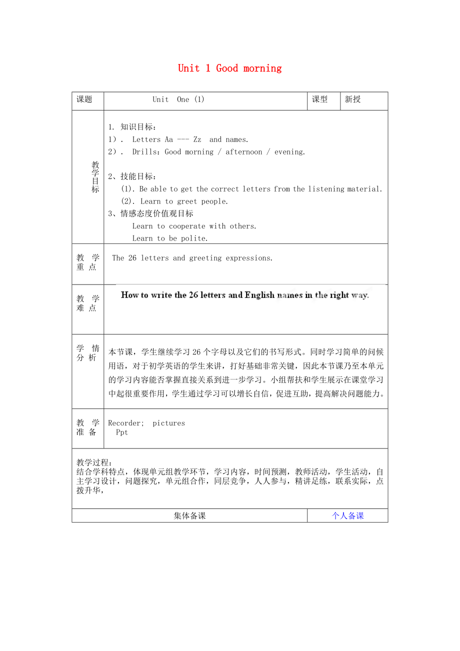 2022年秋六年級英語上冊 Unit 1 Good morning（第1課時）教案 魯教版五四制_第1頁