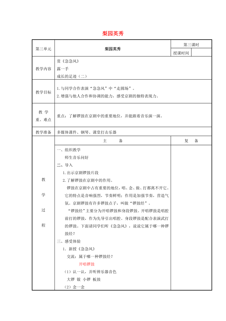 2022春五年級音樂下冊 第三單元《梨園英秀》教案 蘇少版_第1頁