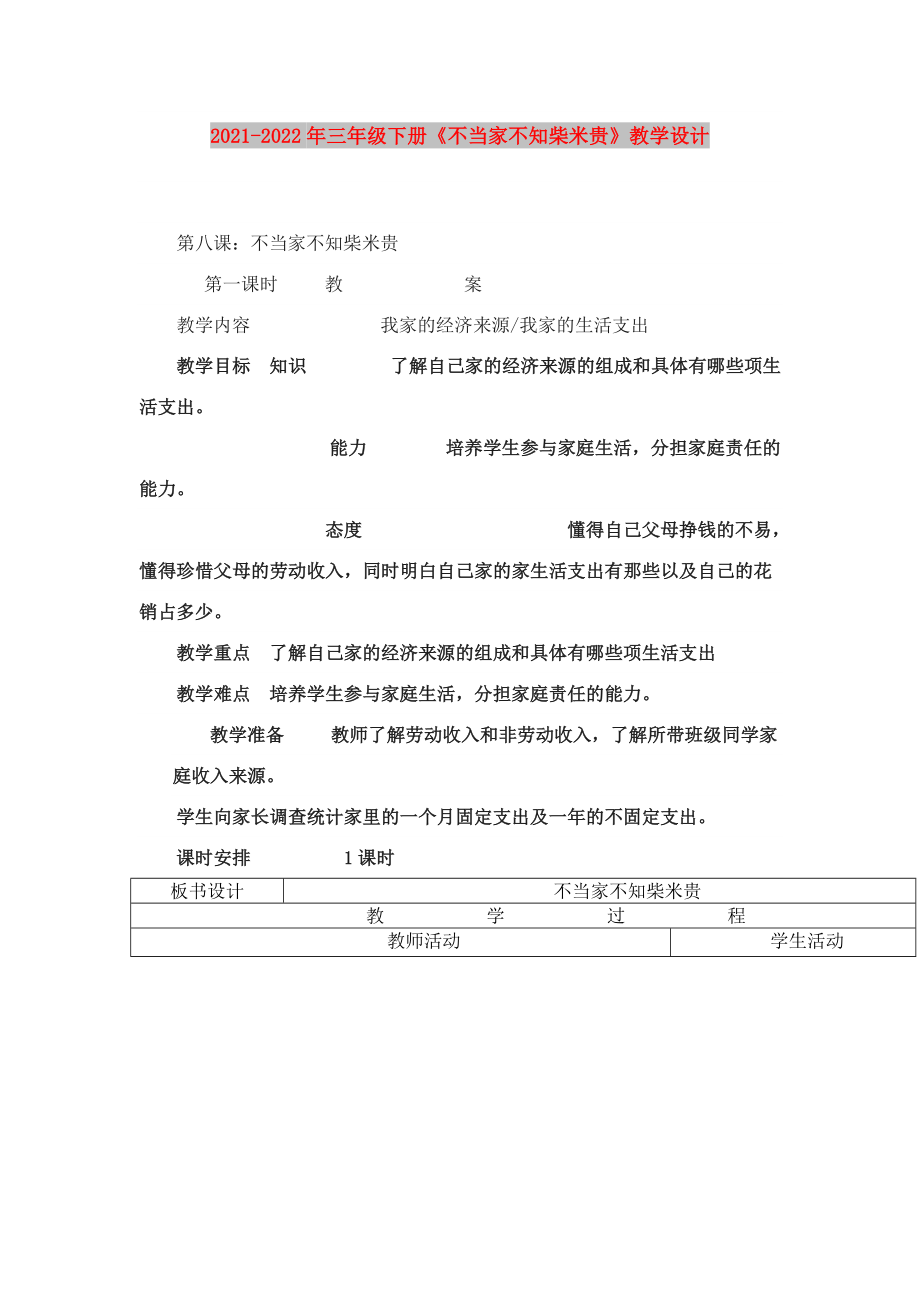 2021-2022年三年級(jí)下冊(cè)《不當(dāng)家不知柴米貴》教學(xué)設(shè)計(jì)_第1頁