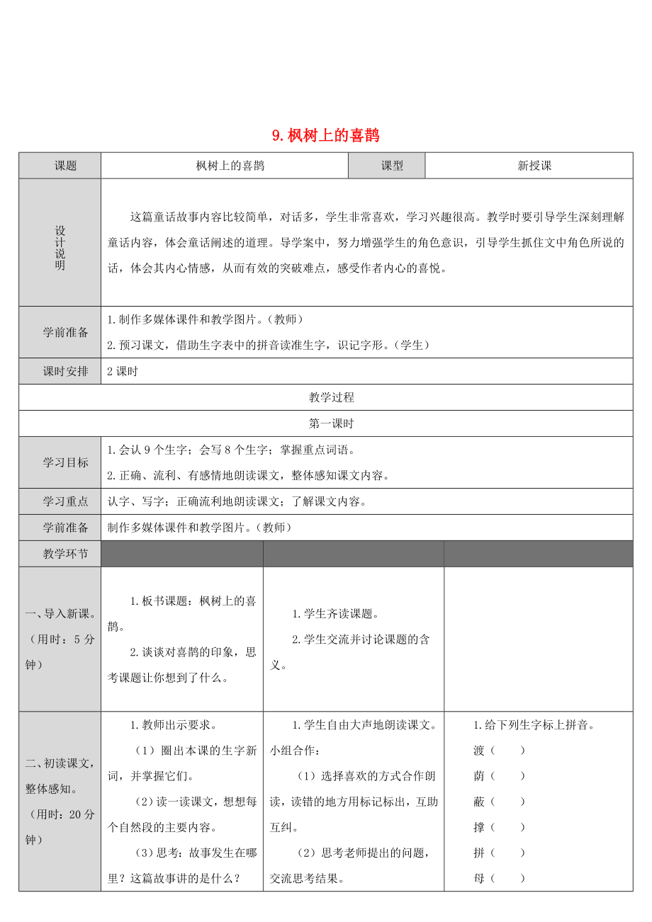 2022二年级语文下册 课文3 9枫树上的喜鹊教案2 新人教版_第1页