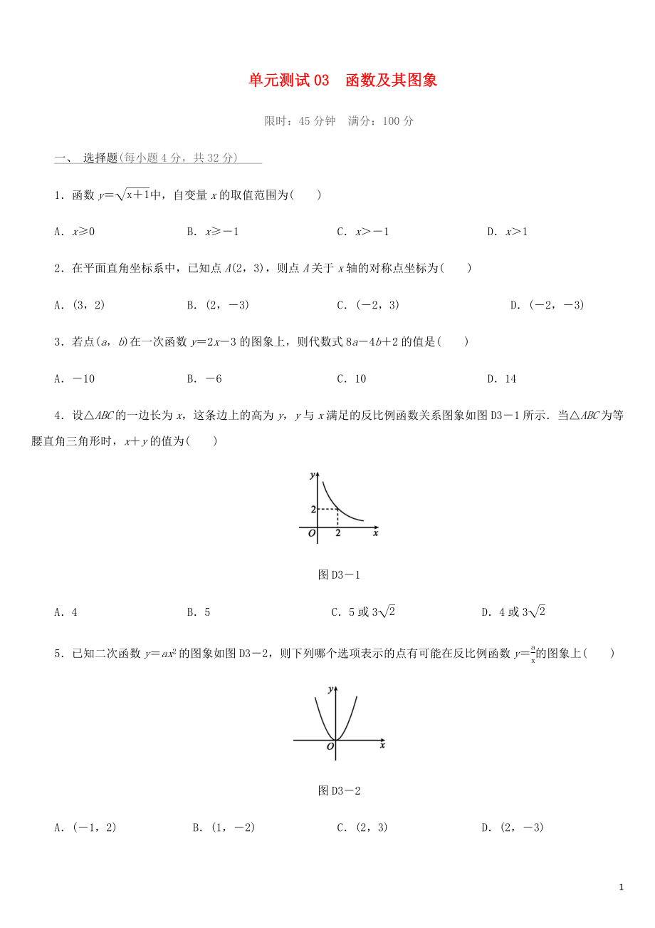 福建省2019年中考數(shù)學(xué)總復(fù)習(xí) 第三單元 函數(shù)及其圖象單元測試練習(xí)_第1頁