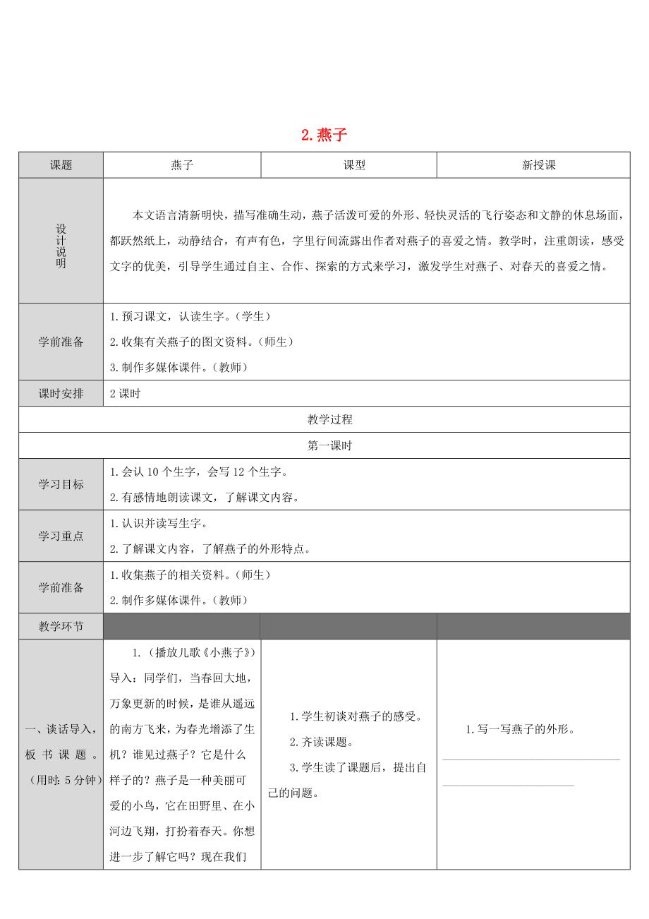 2022三年級語文下冊 第一單元 第2課 燕子教案 新人教版_第1頁