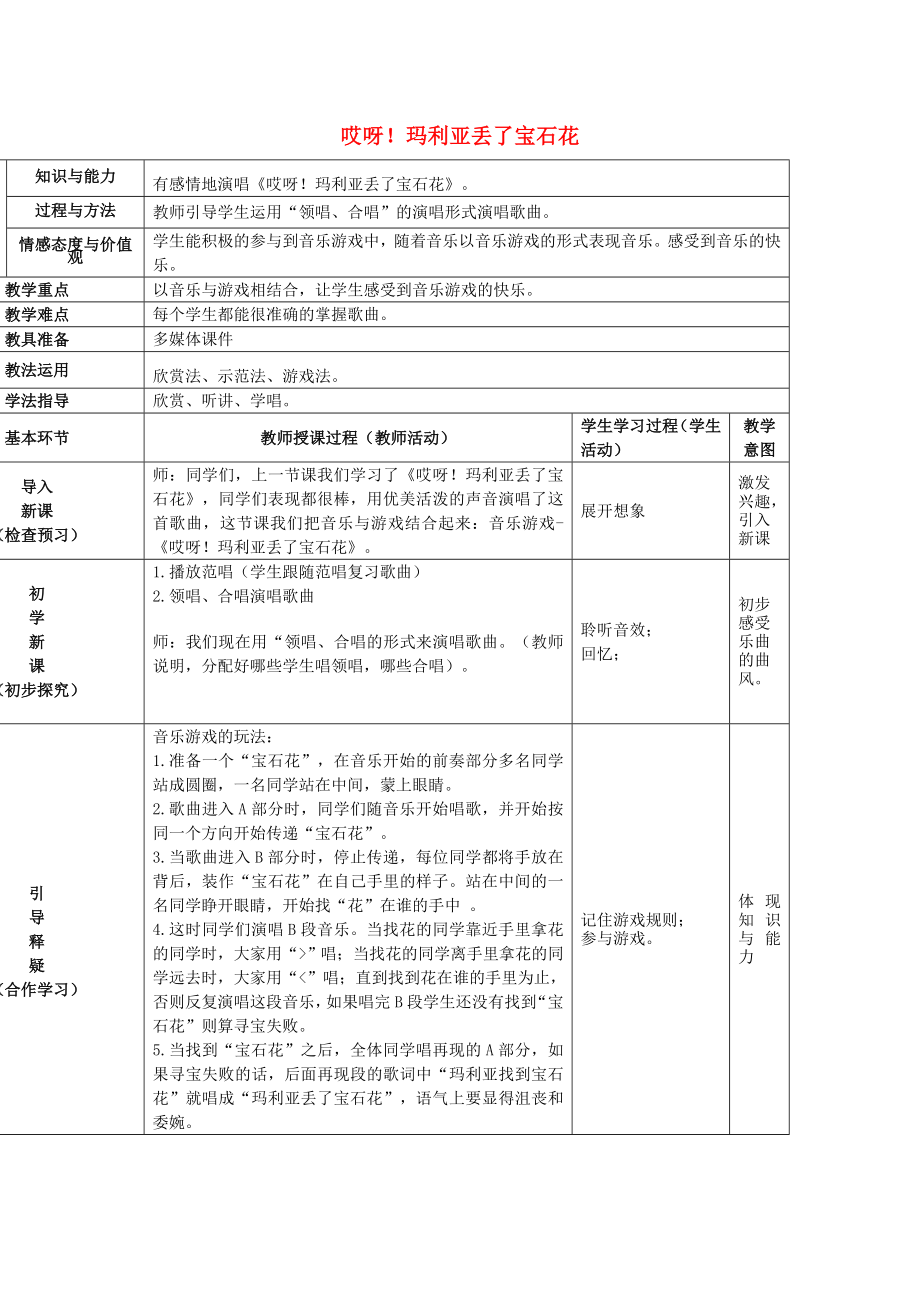 2022春二年級(jí)音樂(lè)下冊(cè) 第10課《哎呀!瑪利亞丟了寶石花》（第2課時(shí)）教案 花城版_第1頁(yè)