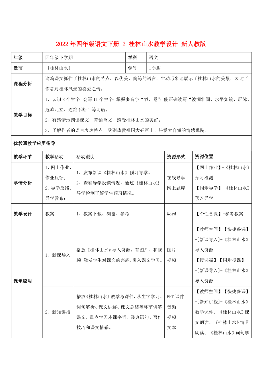 2022年四年級(jí)語文下冊(cè) 2 桂林山水教學(xué)設(shè)計(jì) 新人教版_第1頁