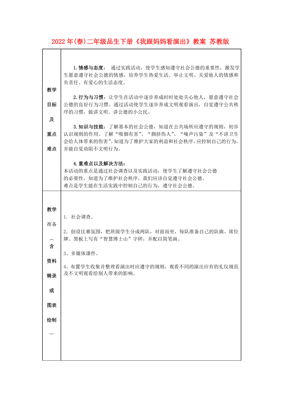 2022年(春)二年級品生下冊《我跟媽媽看演出》教案 蘇教版_第1頁