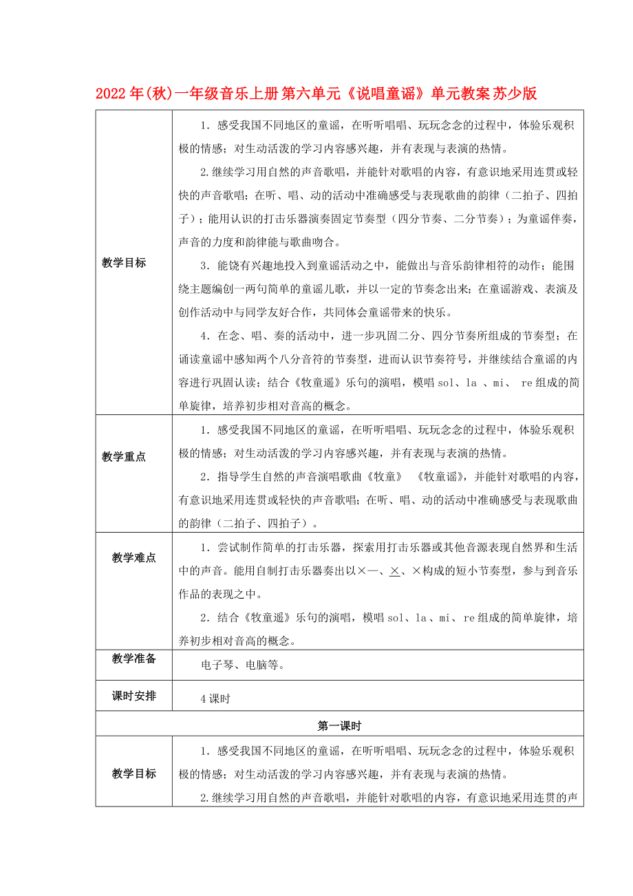 2022年(秋)一年級(jí)音樂上冊(cè) 第六單元《說唱童謠》單元教案 蘇少版_第1頁