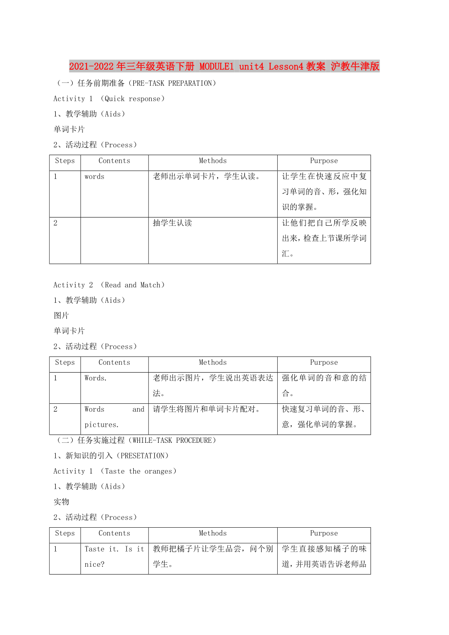 2021-2022年三年級(jí)英語(yǔ)下冊(cè) MODULE1 unit4 Lesson4教案 滬教牛津版_第1頁(yè)