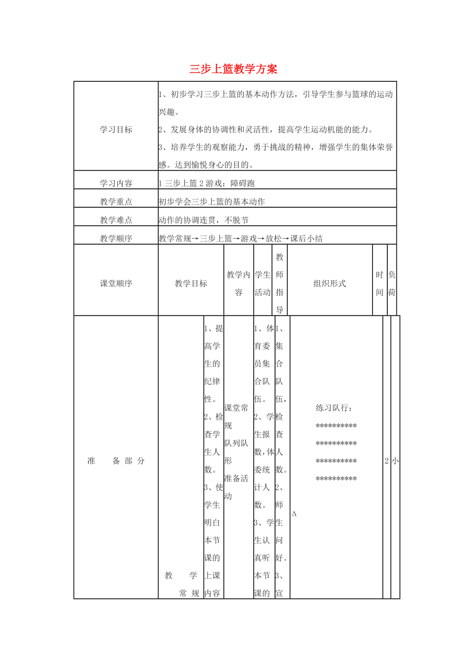 六年級體育下冊 三步上籃教學方案_第1頁