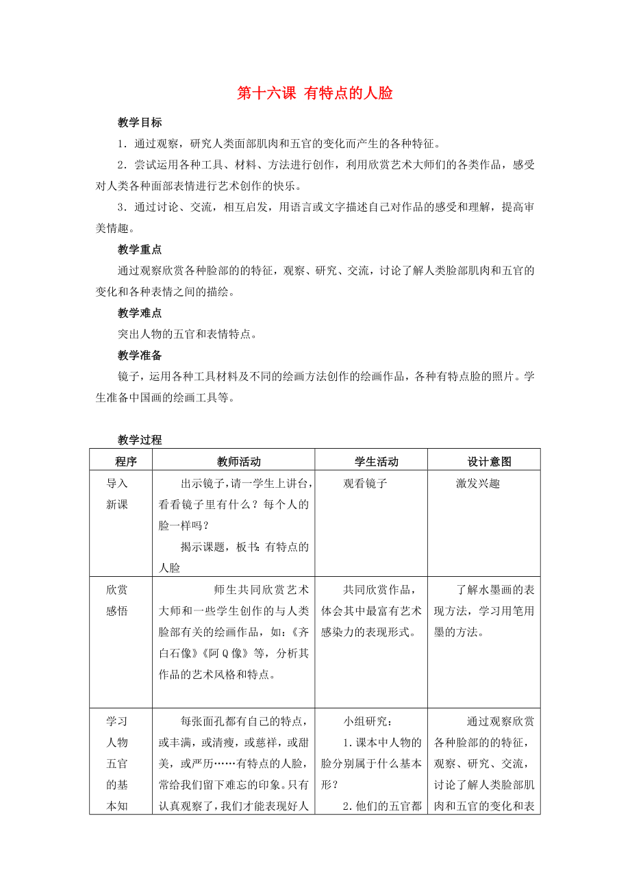 2022春五年级美术下册 第16课《有特点的人脸》教案 人美版_第1页