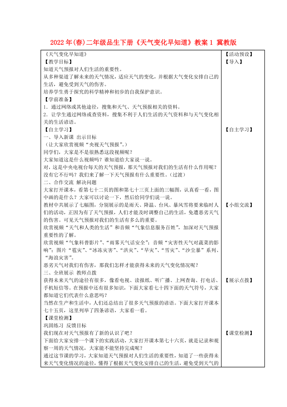 2022年(春)二年級(jí)品生下冊(cè)《天氣變化早知道》教案1 冀教版_第1頁(yè)