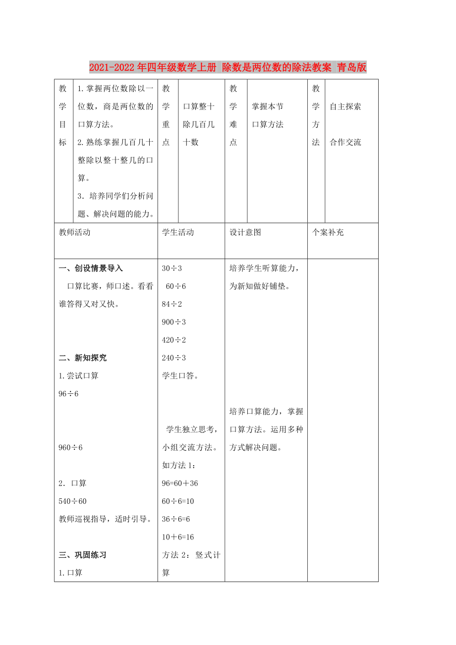 2021-2022年四年級(jí)數(shù)學(xué)上冊(cè) 除數(shù)是兩位數(shù)的除法教案 青島版_第1頁(yè)